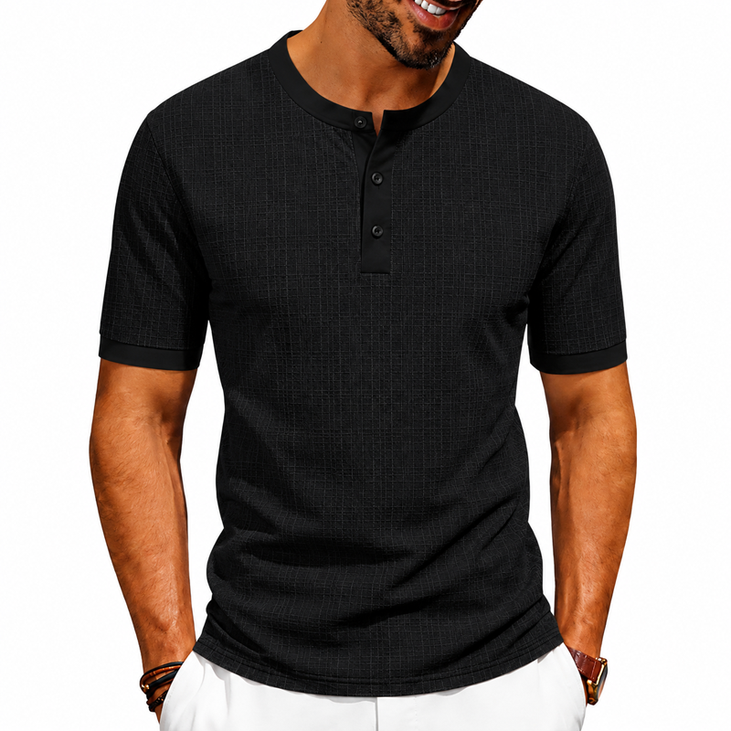 Men Fine Grid Texture Contrast Trim 3 Button Henley Neck Short Sleeve T-Shirt 