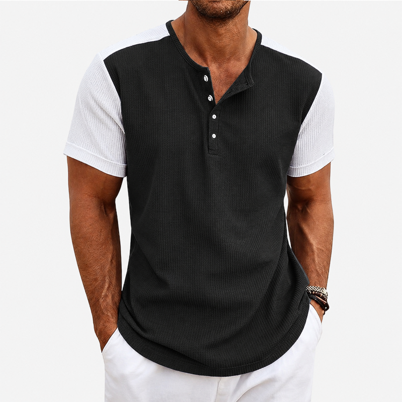Men Waffle Knit Raglan Henley Contrast Sleeve Casual Short Sleeve T-Shirt