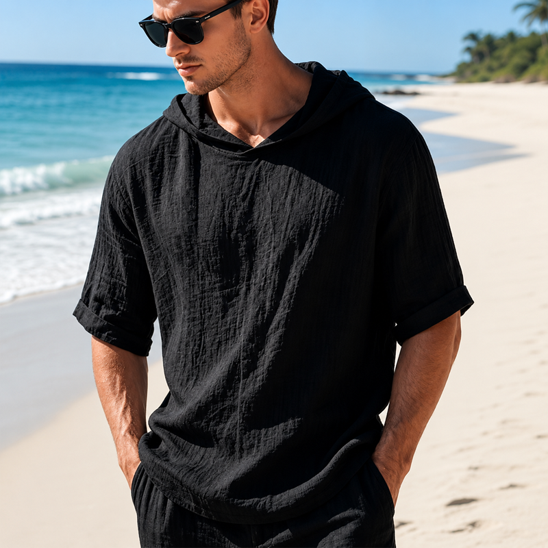 Men Linen Blend Hooded Roll Cuff Short Sleeve Casual Top 