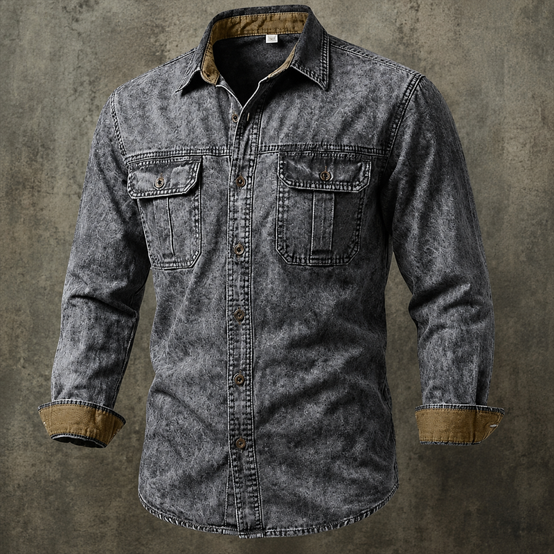 Men Acid Wash Denim Work Shirt Contrast Cuff Dual Chest Pocket Long Sleeve Shirt