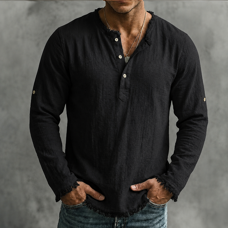 Men Fringe Raw Hem Notch Henley Roll Tab Sleeve Linen Blend Long Sleeve Shirt
