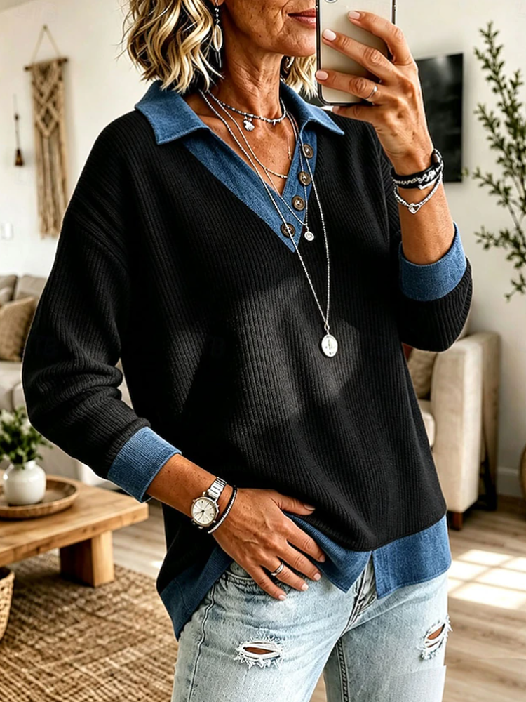 Women Color Block Polo V Neck Ribbed Knit Long Sleeve Top