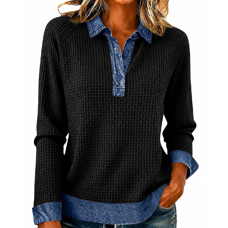 Women Waffle Knit Denim Collar Patchwork Long Sleeve Polo Top