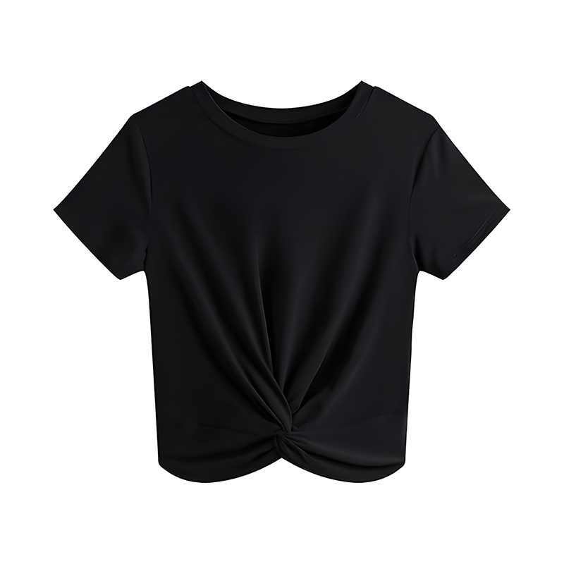 Women Casual Summer Short Sleeve T-Shirt, Round Neck Twist Front Hem Soft Cropped Tops Loose Fit Everyday Vacation Blouse