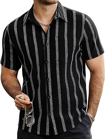 Vintage Vertical Stripe Textured Short Sleeve Shirt For Men