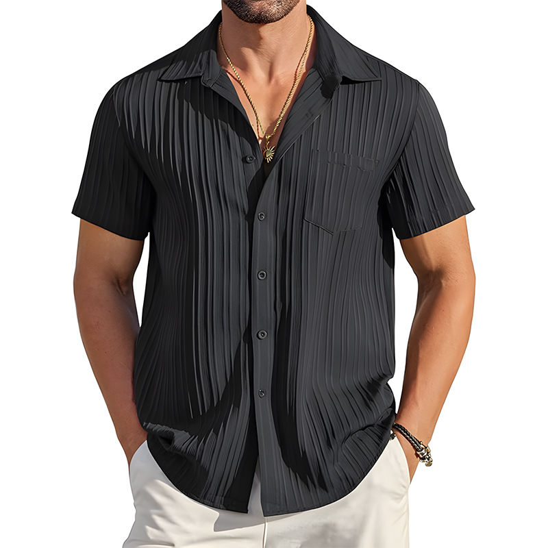 Men Vertical Ribbed Short Sleeve Button Shirt