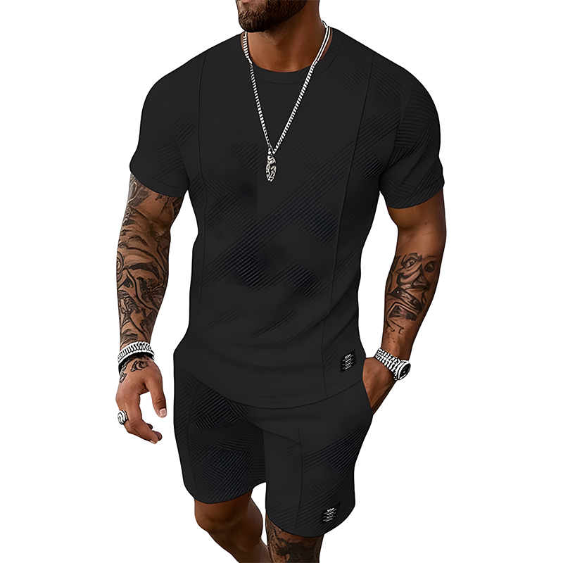 Men Jacquard Textured Tee & Shorts Casual Summer Set