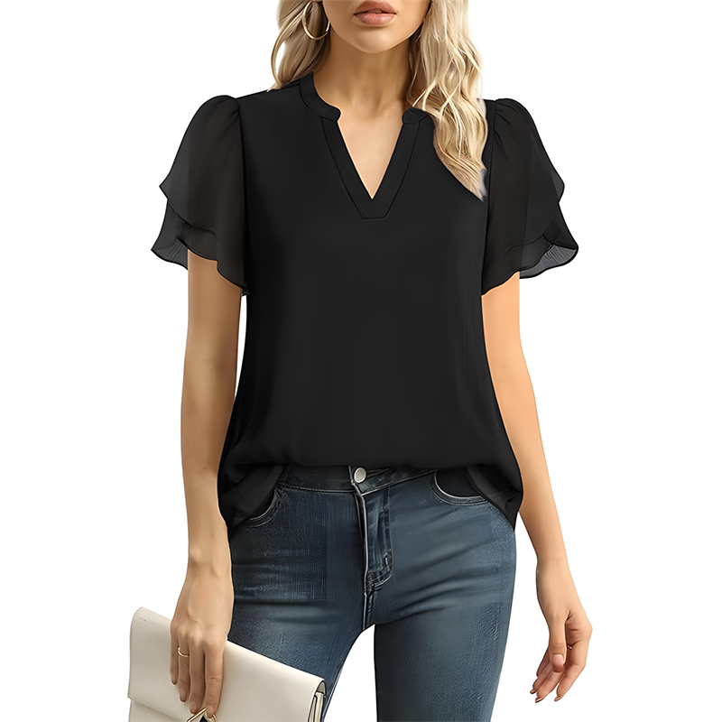 Women Swiss Dot Chiffon Petal Sleeve V Neck Blouse
