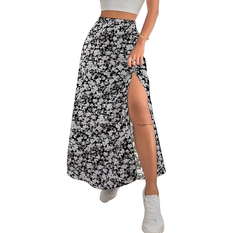 Women High Waist Elastic Ditsy Floral Slit Maxi Skirt