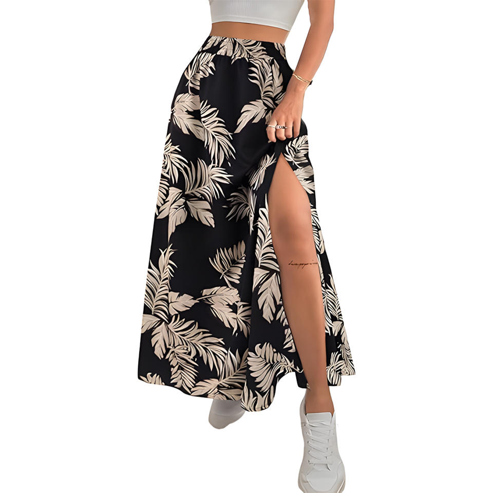 Women High Waist Elastic Ditsy Floral Slit Maxi Skirt