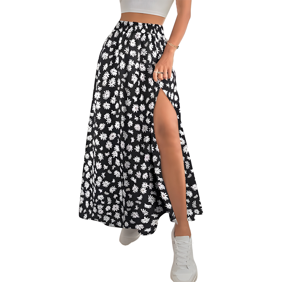 Women High Waist Elastic Ditsy Floral Slit Maxi Skirt