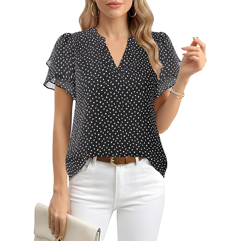 Women Swiss Dot Chiffon Petal Sleeve V Neck Blouse