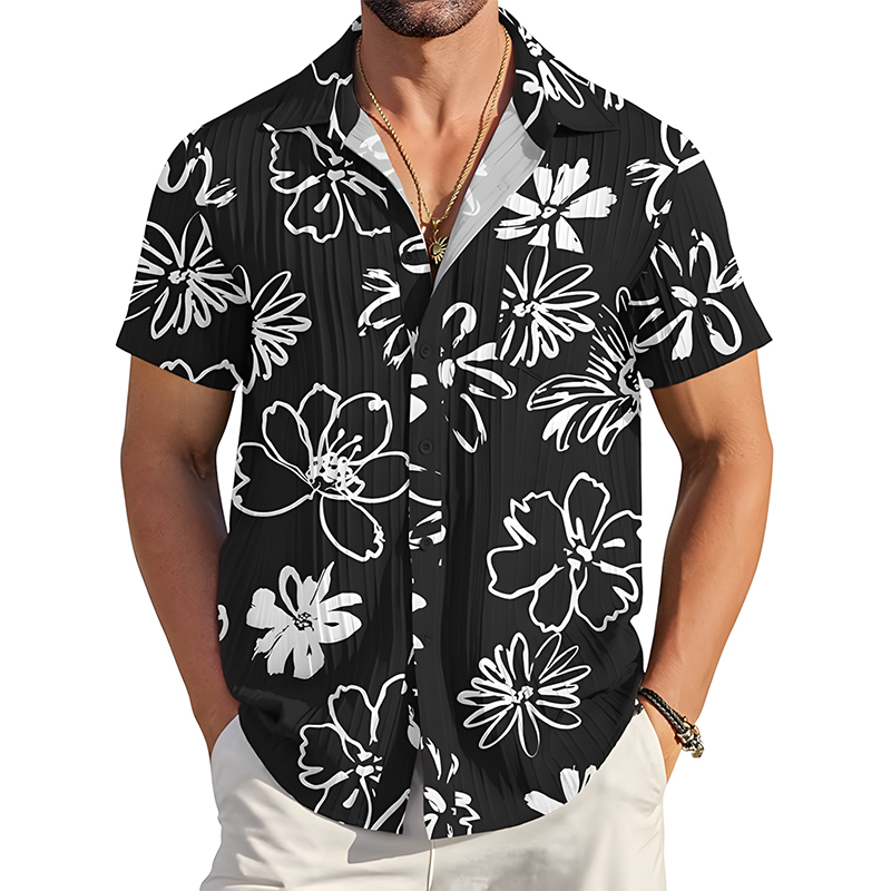 Men Vertical Ribbed Short Sleeve Button Shirt