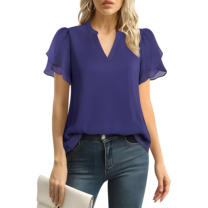 Women Swiss Dot Chiffon Petal Sleeve V Neck Blouse
