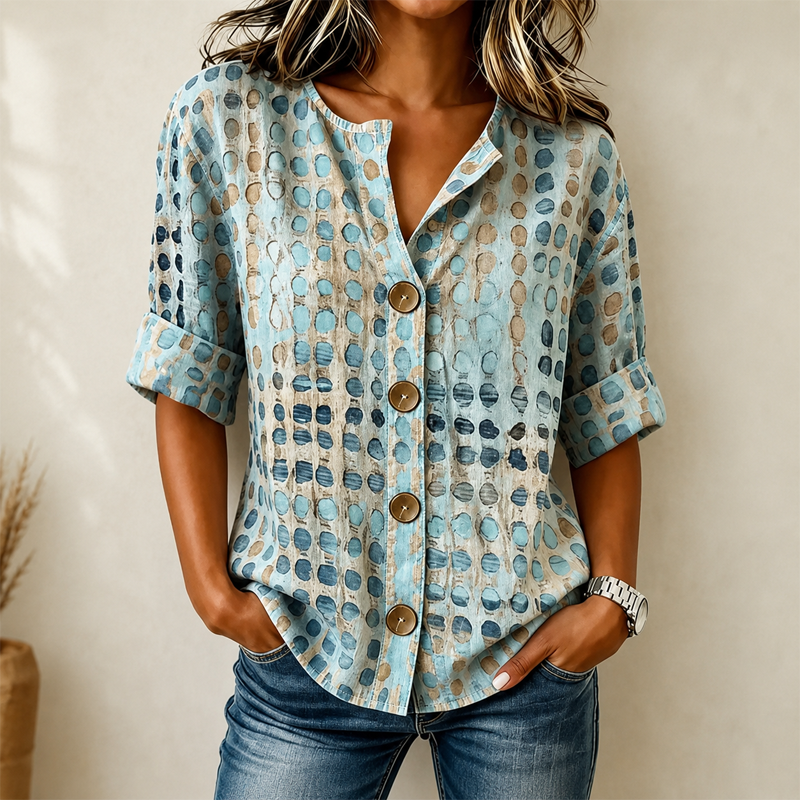 Women Watercolor Dot Print Notch Neck Button Front Roll Cuff Linen Blend Shirt