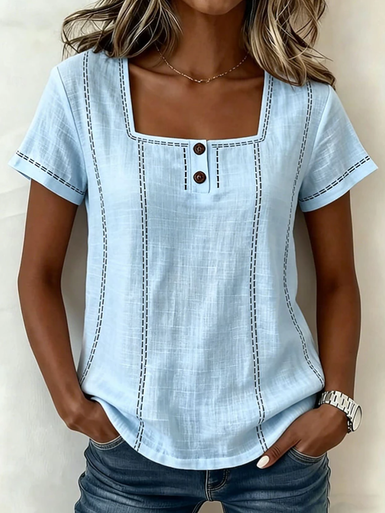 Women Square Neck Contrast Stitch Henley Linen Blend Short Sleeve Top