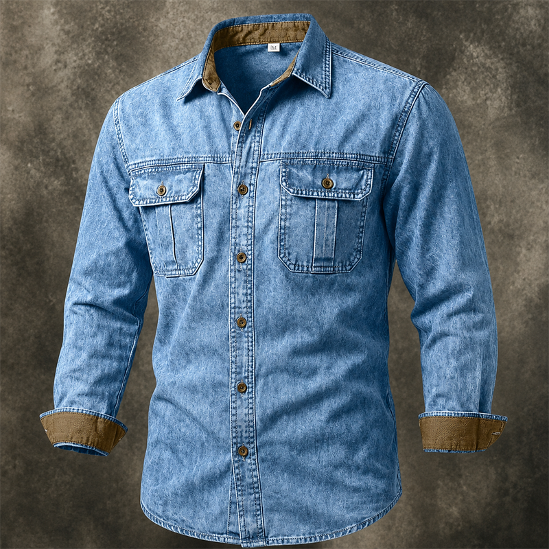 Men Acid Wash Denim Work Shirt Contrast Cuff Dual Chest Pocket Long Sleeve Shirt