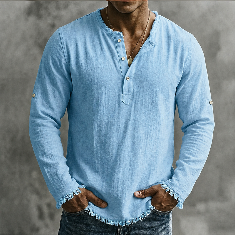 Men Fringe Raw Hem Notch Henley Roll Tab Sleeve Linen Blend Long Sleeve Shirt
