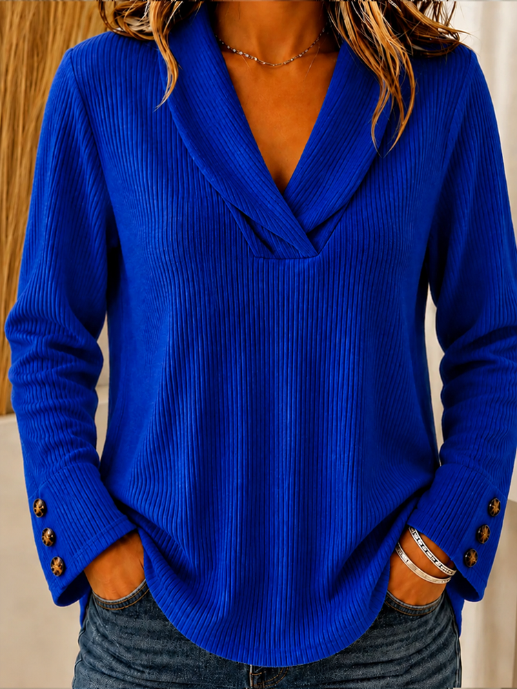 Women Ribbed Shawl Collar Surplice V Neck Long Sleeve Casual Blouse