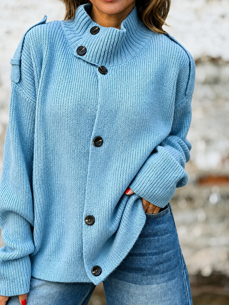 Women Turtleneck Button Front Loose Knit Cardigan Sweater
