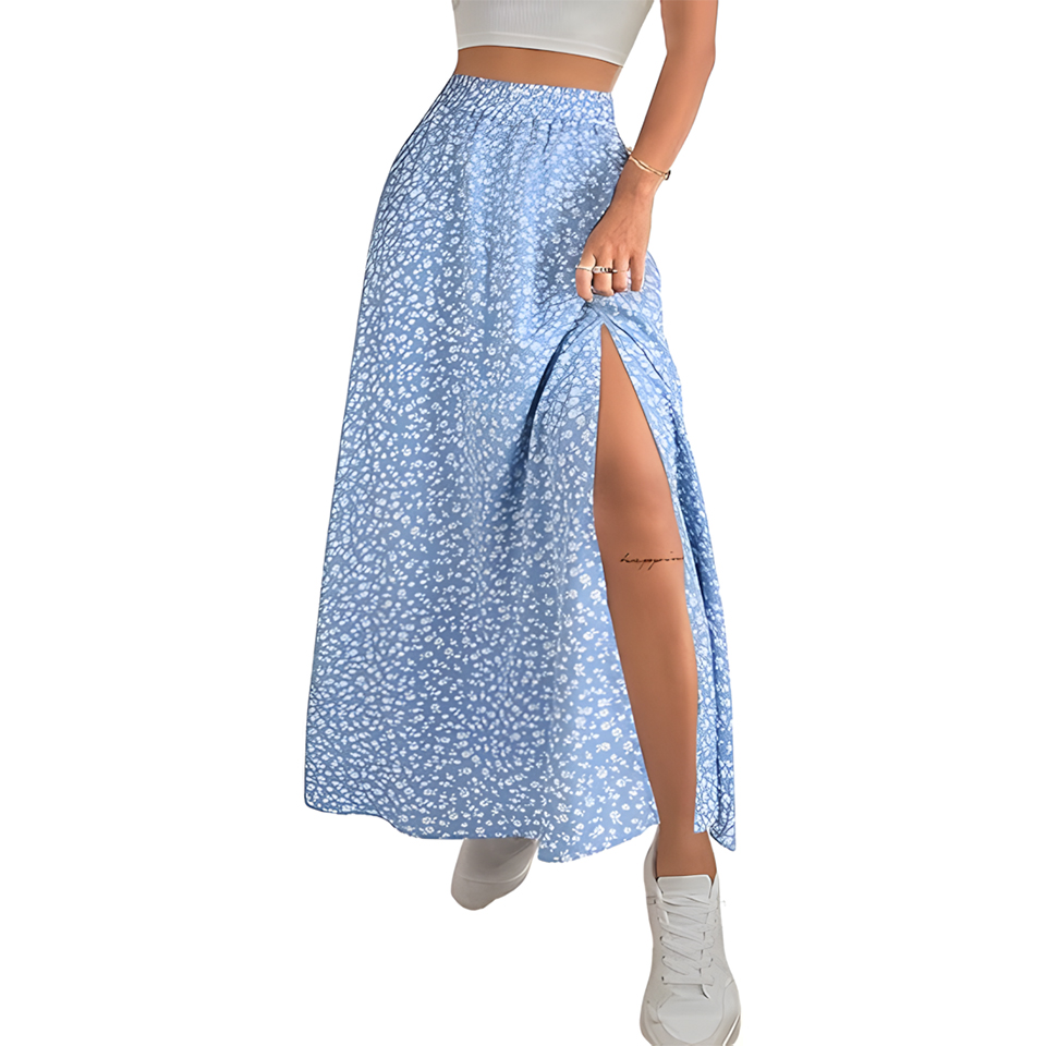 Women High Waist Elastic Ditsy Floral Slit Maxi Skirt