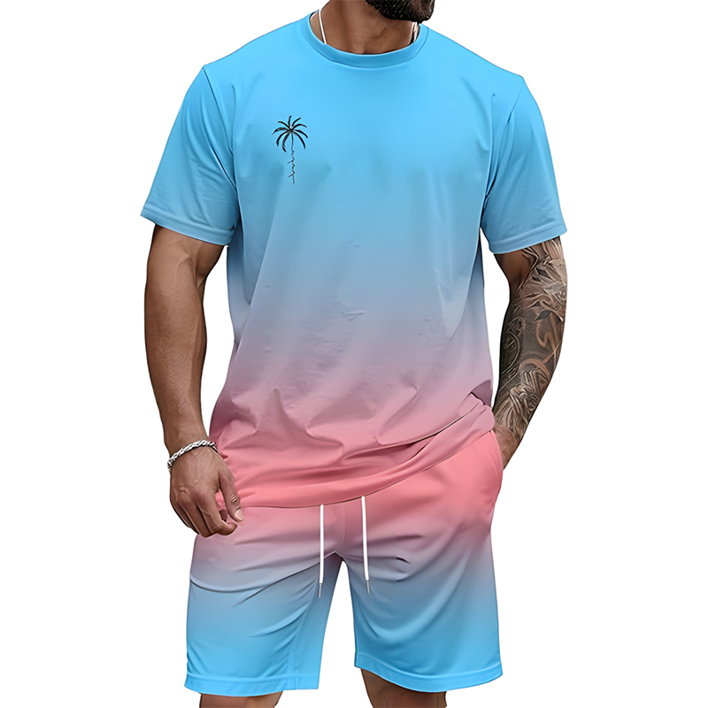 Men Gradient Palm Tree 2-Piece Beach Set
