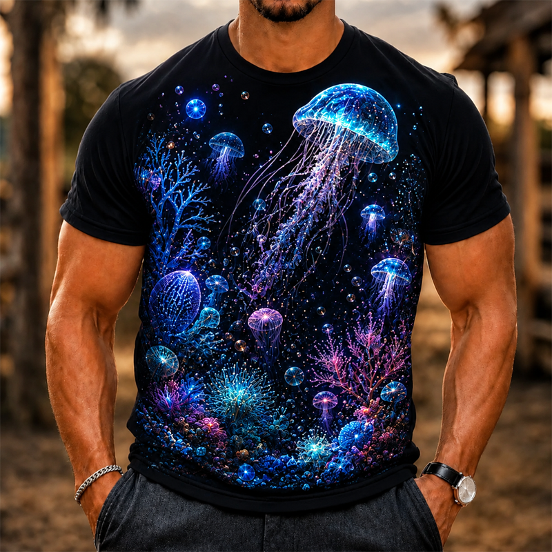 Men Glowing Jellyfish Ocean Coral Print Crew Neck Casual Short Sleeve T-Shirt
