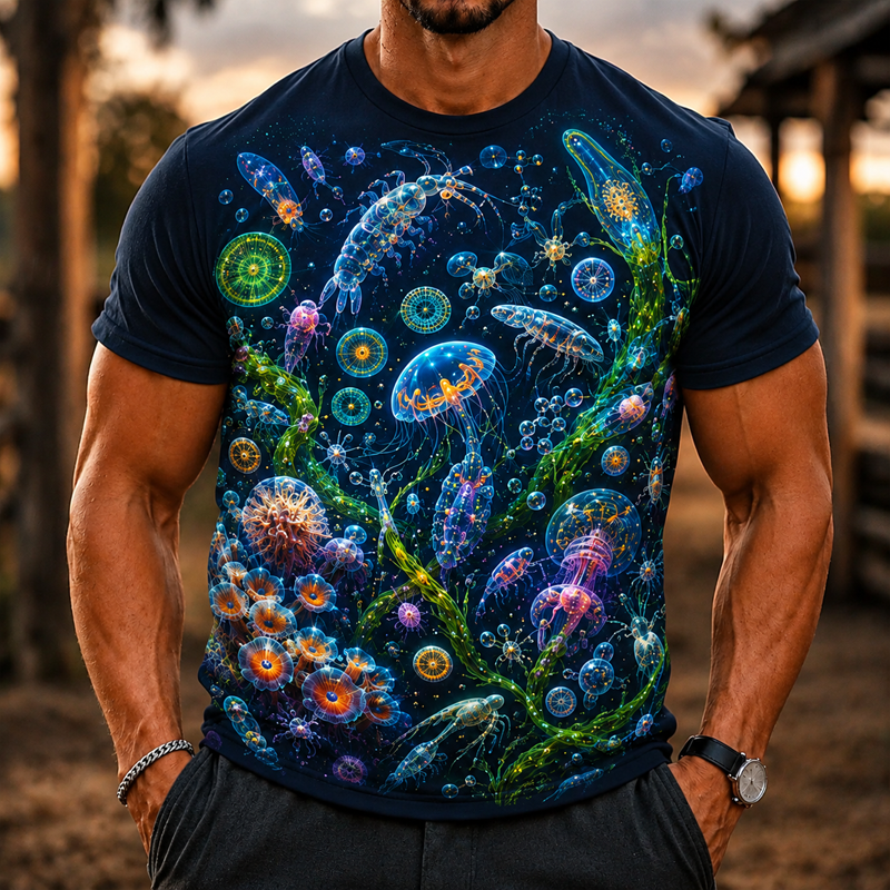 Men Glowing Jellyfish Ocean Coral Print Crew Neck Casual Short Sleeve T-Shirt