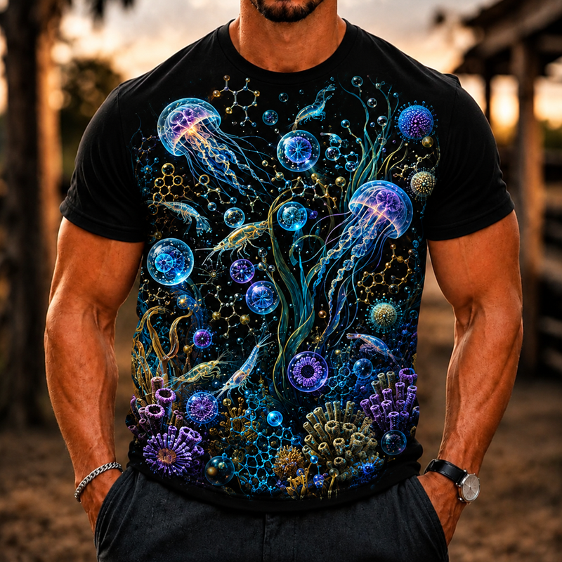 Men Glowing Jellyfish Ocean Coral Print Crew Neck Casual Short Sleeve T-Shirt