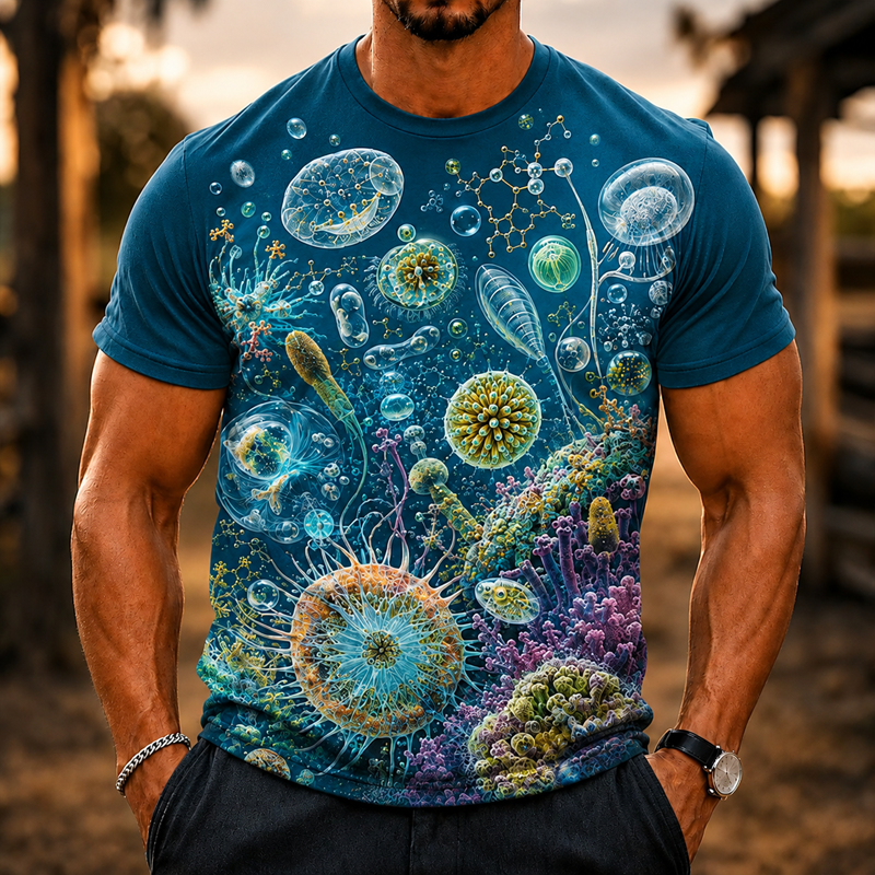 Men Glowing Jellyfish Ocean Coral Print Crew Neck Casual Short Sleeve T-Shirt