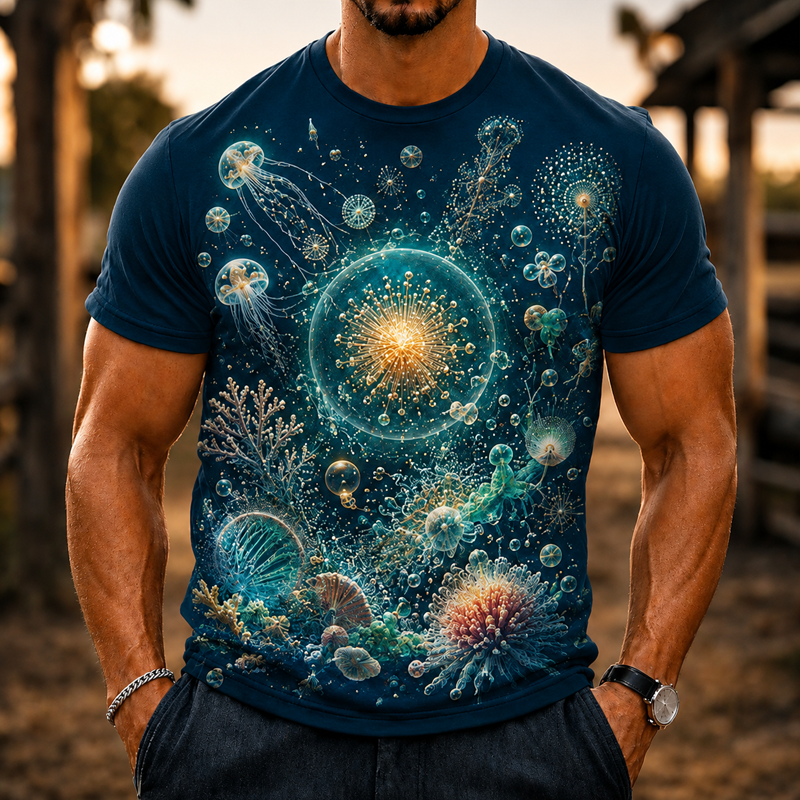 Men Glowing Jellyfish Ocean Coral Print Crew Neck Casual Short Sleeve T-Shirt
