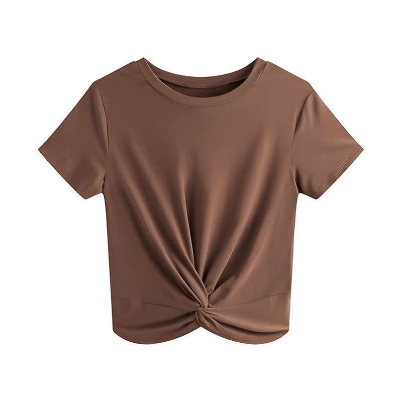 Women Casual Summer Short Sleeve T-Shirt, Round Neck Twist Front Hem Soft Cropped Tops Loose Fit Everyday Vacation Blouse