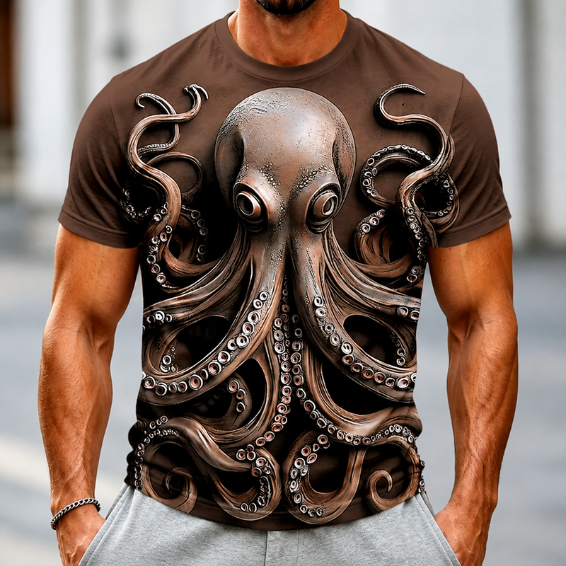 Men 3D Realistic Octopus Print Crew Neck Casual Short Sleeve T-Shirt
