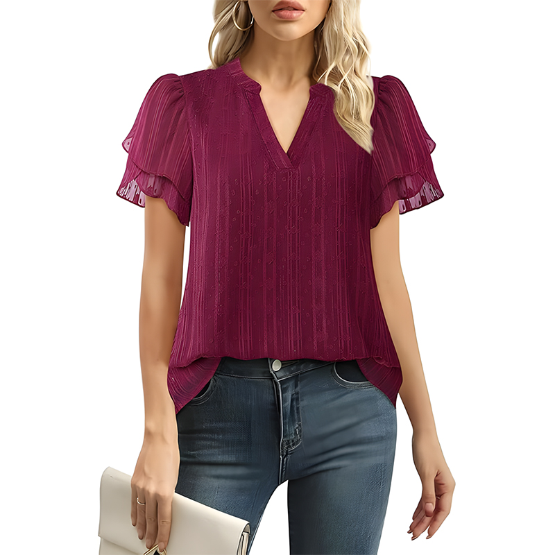 Women Swiss Dot Chiffon Petal Sleeve V Neck Blouse