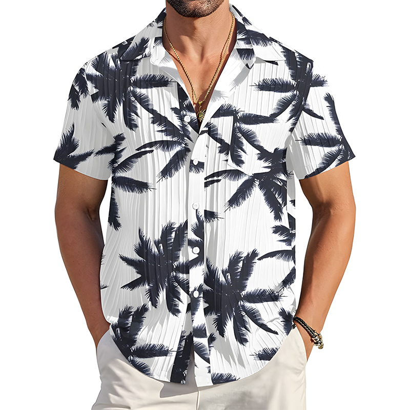 Men Vertical Ribbed Short Sleeve Button Shirt