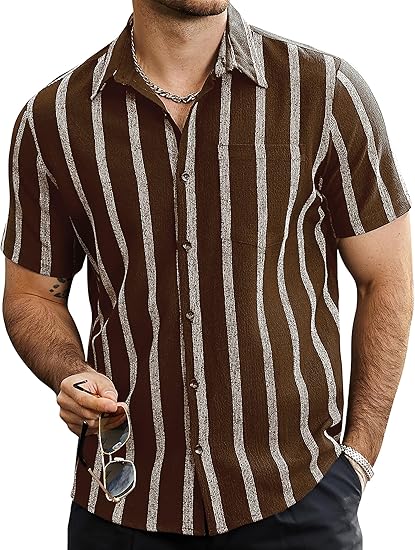 Vintage Vertical Stripe Textured Short Sleeve Shirt For Men