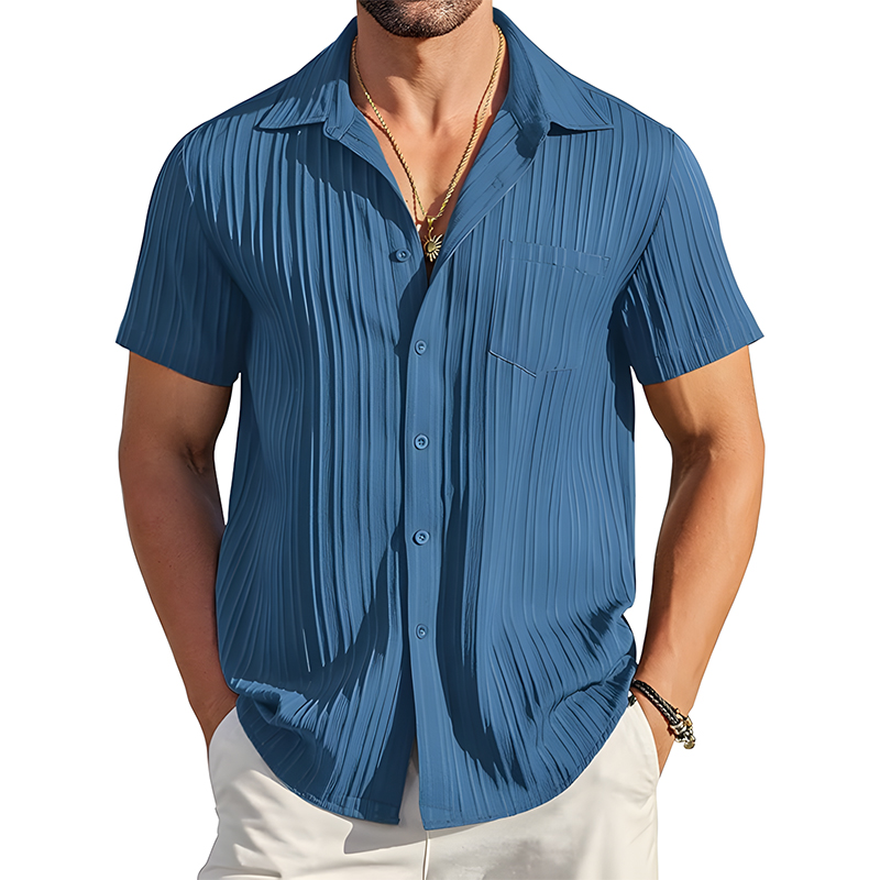 Men Vertical Ribbed Short Sleeve Button Shirt
