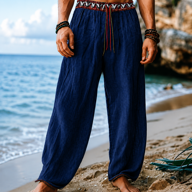 Men Blue Octopus Print Drawstring Waist Linen Blend Wide Leg Beach Long Pants