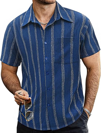 Vintage Vertical Stripe Textured Short Sleeve Shirt For Men