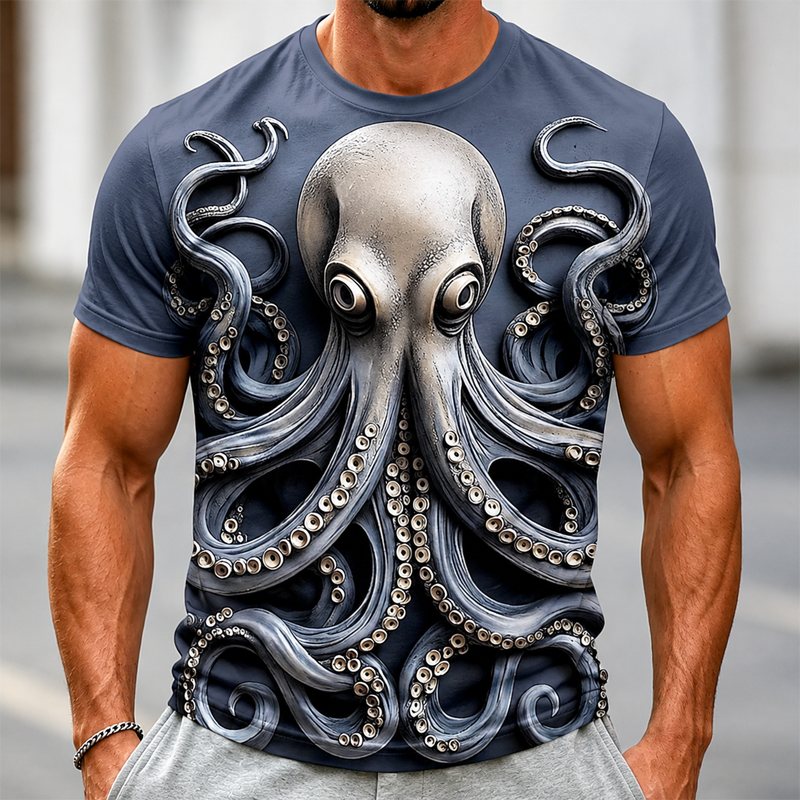 Men 3D Realistic Octopus Print Crew Neck Casual Short Sleeve T-Shirt