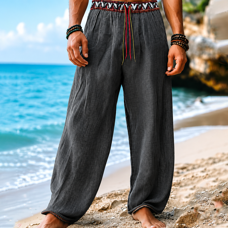 Men Blue Octopus Print Drawstring Waist Linen Blend Wide Leg Beach Long Pants