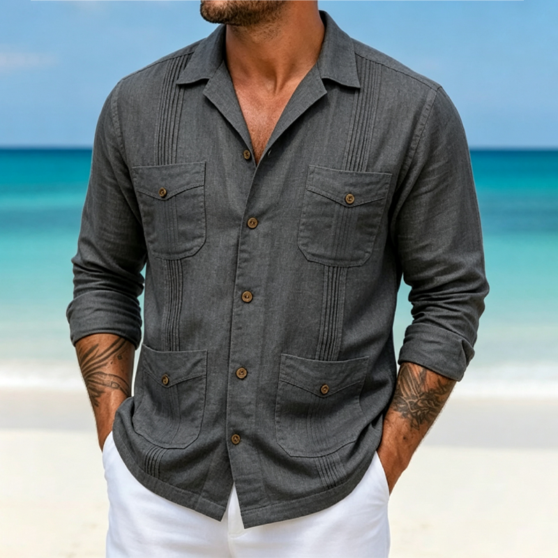 Men Guayabera Style Stripe Pleat Four Pocket Camp Collar Linen Blend Shirt