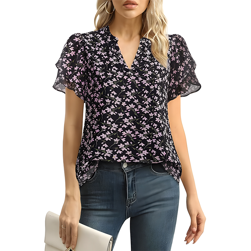 Women Swiss Dot Chiffon Petal Sleeve V Neck Blouse