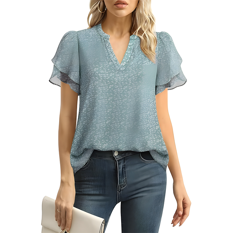 Women Swiss Dot Chiffon Petal Sleeve V Neck Blouse