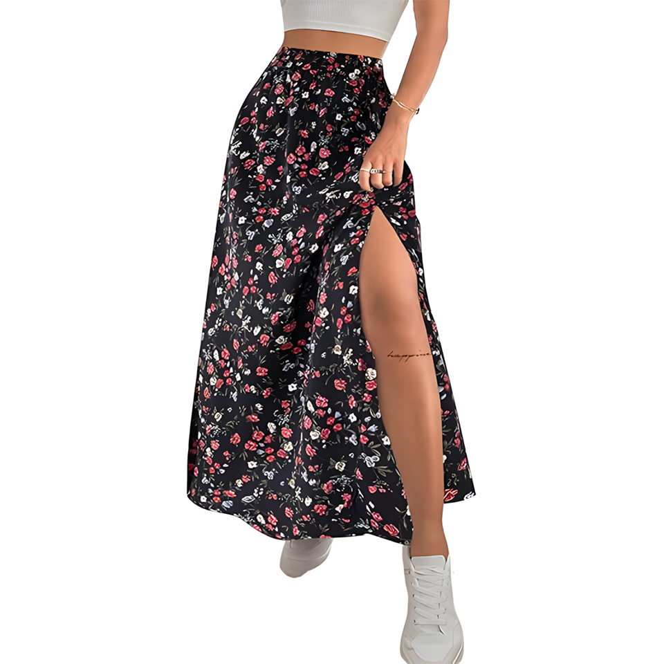 Women High Waist Elastic Ditsy Floral Slit Maxi Skirt