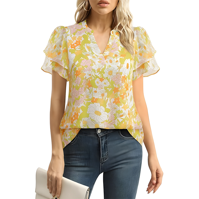 Women Swiss Dot Chiffon Petal Sleeve V Neck Blouse