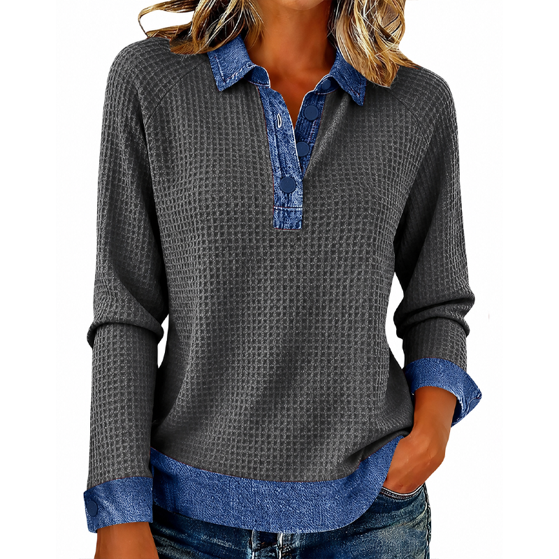 Women Waffle Knit Denim Collar Patchwork Long Sleeve Polo Top