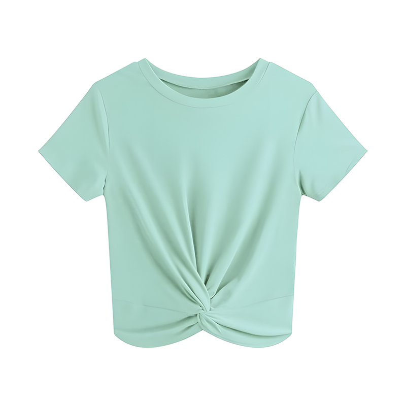 Women Casual Summer Short Sleeve T-Shirt, Round Neck Twist Front Hem Soft Cropped Tops Loose Fit Everyday Vacation Blouse
