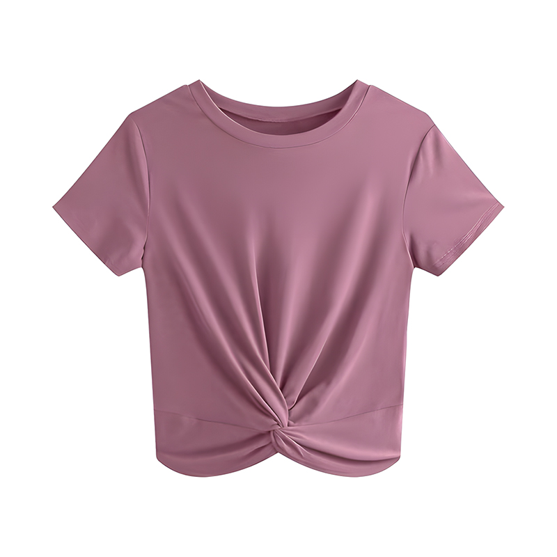 Women Casual Summer Short Sleeve T-Shirt, Round Neck Twist Front Hem Soft Cropped Tops Loose Fit Everyday Vacation Blouse