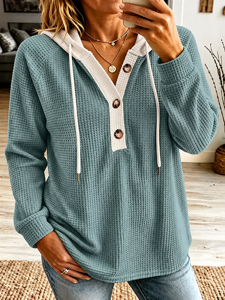 Women Waffle Knit Contrast Placket Hooded Henley Long Sleeve Sweatshirt